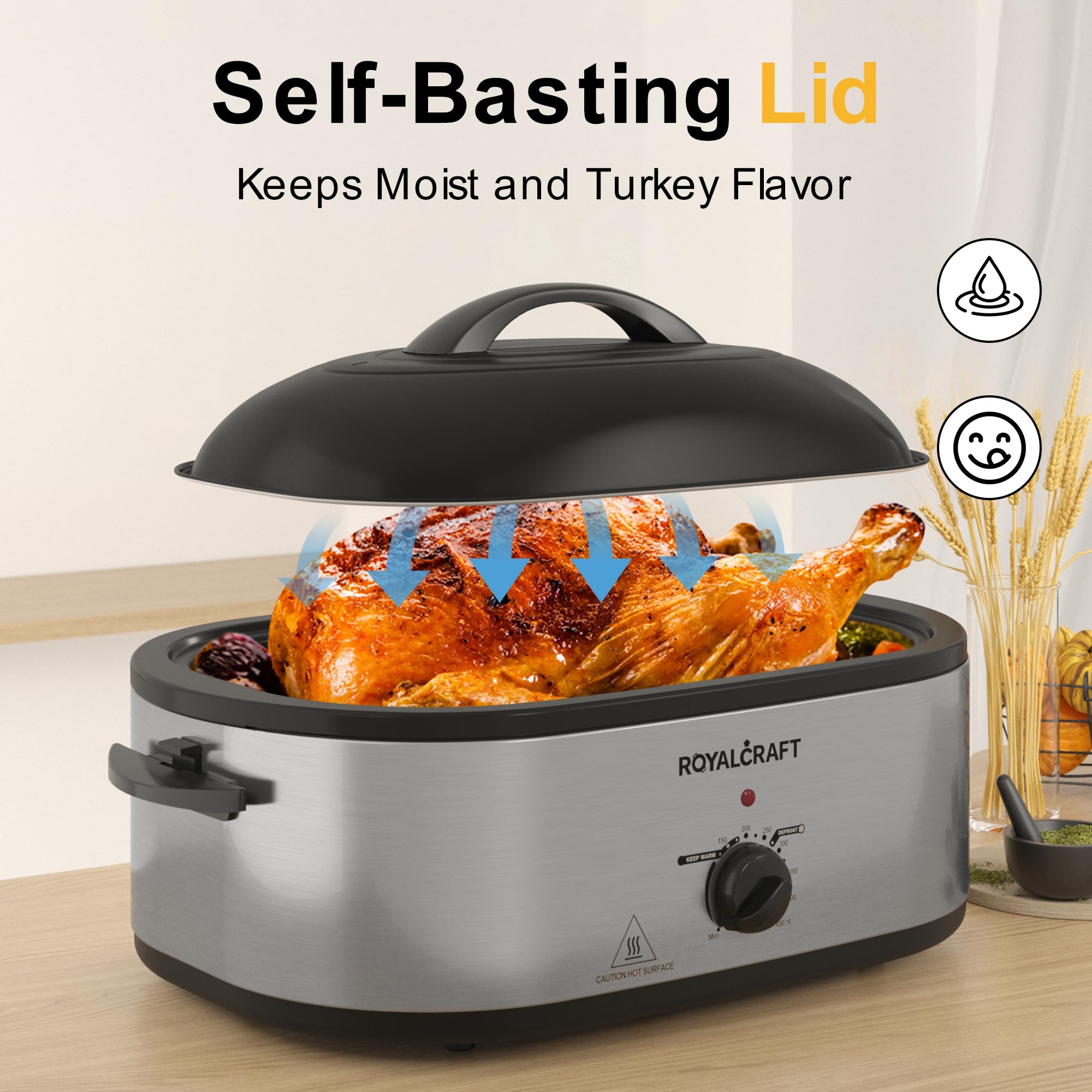 Royalcraft Roaster Oven with Self-Basting Lid, 18qt Electric Roaster with Removable Pan & Rack, Turkey Roaster Oven with Defrost & Warm Function, Stainless Steel, Silver