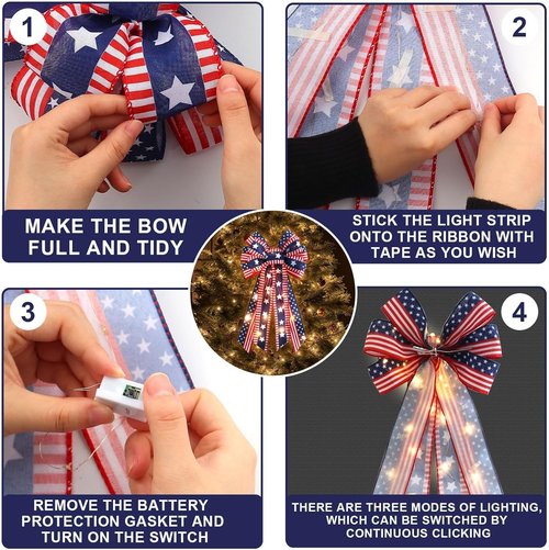 LED 4th of July Bows - Patriotic Burlap Bow with American Flags & Lights | Perfect for Wreaths & Front Door Decor