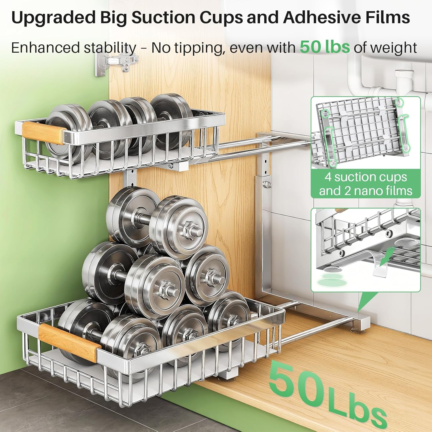 Under Sink Organizer by Skiennix - Stainless Steel 2-Tier Storage Solution | Pull-Out Cabinet Shelf