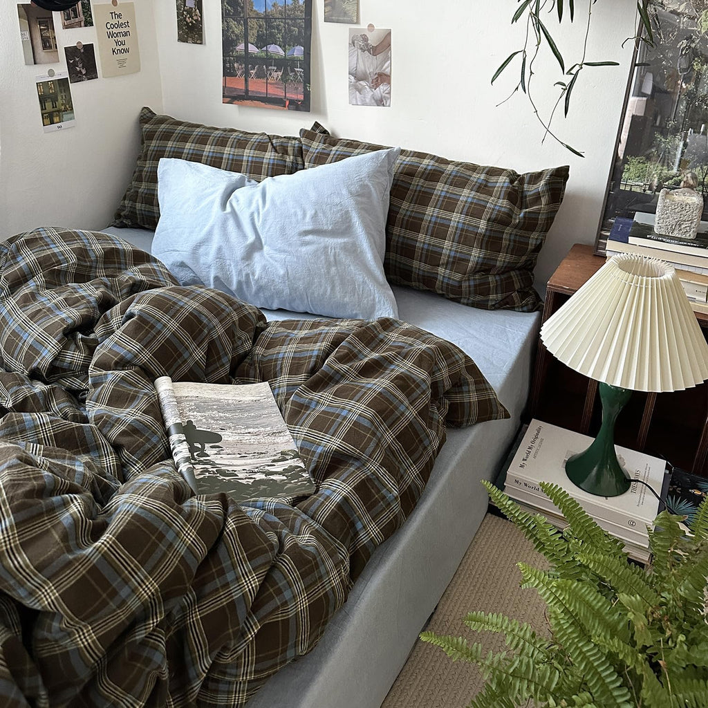 Mixinni Vintage Buffalo Plaid Duvet Cover Set - Soft & Breathable 3-Piece Queen Bedding in Brown & Blue