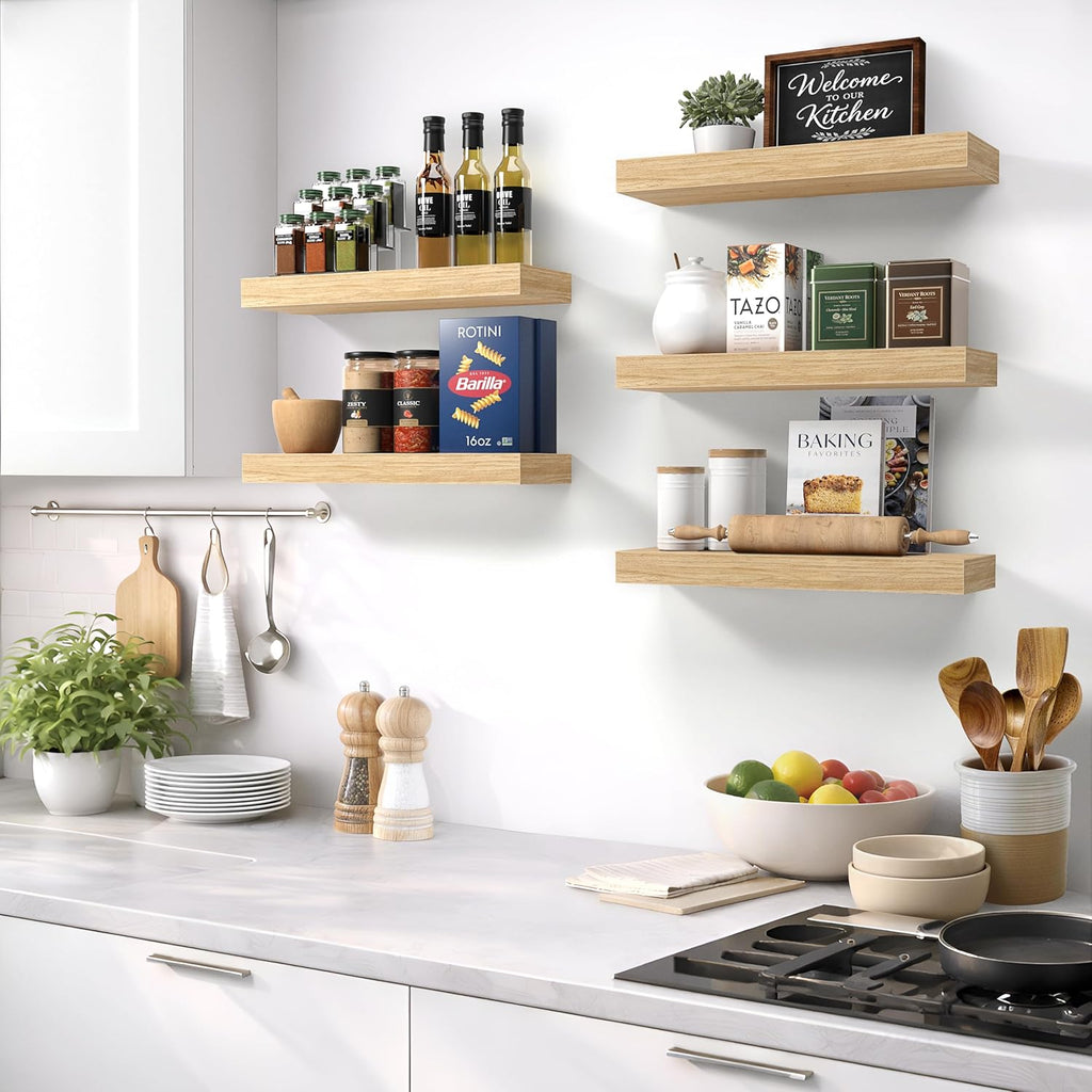 Sorbus Floating Shelves - 16-Inch Wall-Mounted Shelves for Kitchen, Bedroom & Bathroom | Maple Wood, 2 Pack