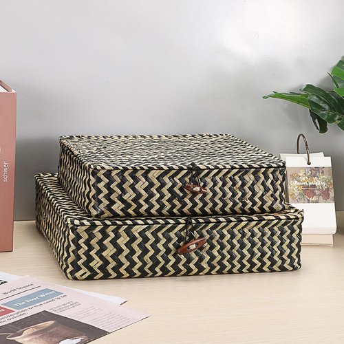 Hipiwe Woven Storage Basket Set - Natural Seagrass Bins with Lids for Home Decor | 2-Pack with Black Stripes