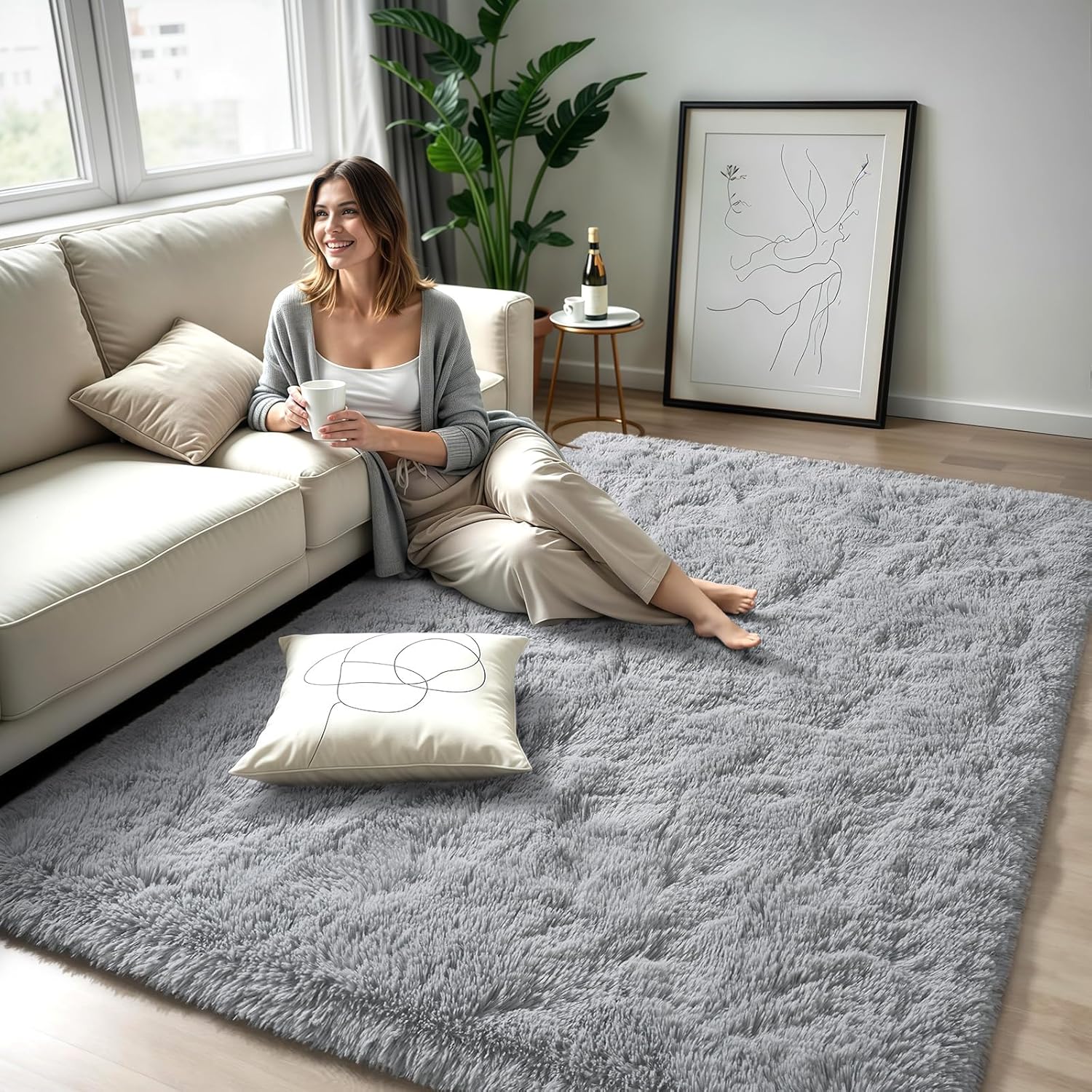 Zentavio Area Rugs - Soft Fluffy Grey Shag Carpet | 4x6 Plush Throw Rug for Living Room & Bedroom