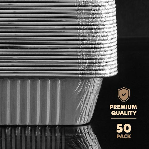 PLASTICPRO 50 Pack Aluminum Pans 6.5'' X 9" Disposable Pans with Covers Heavy Duty 2.25 lb Foil Pans for Baking and Cooking
