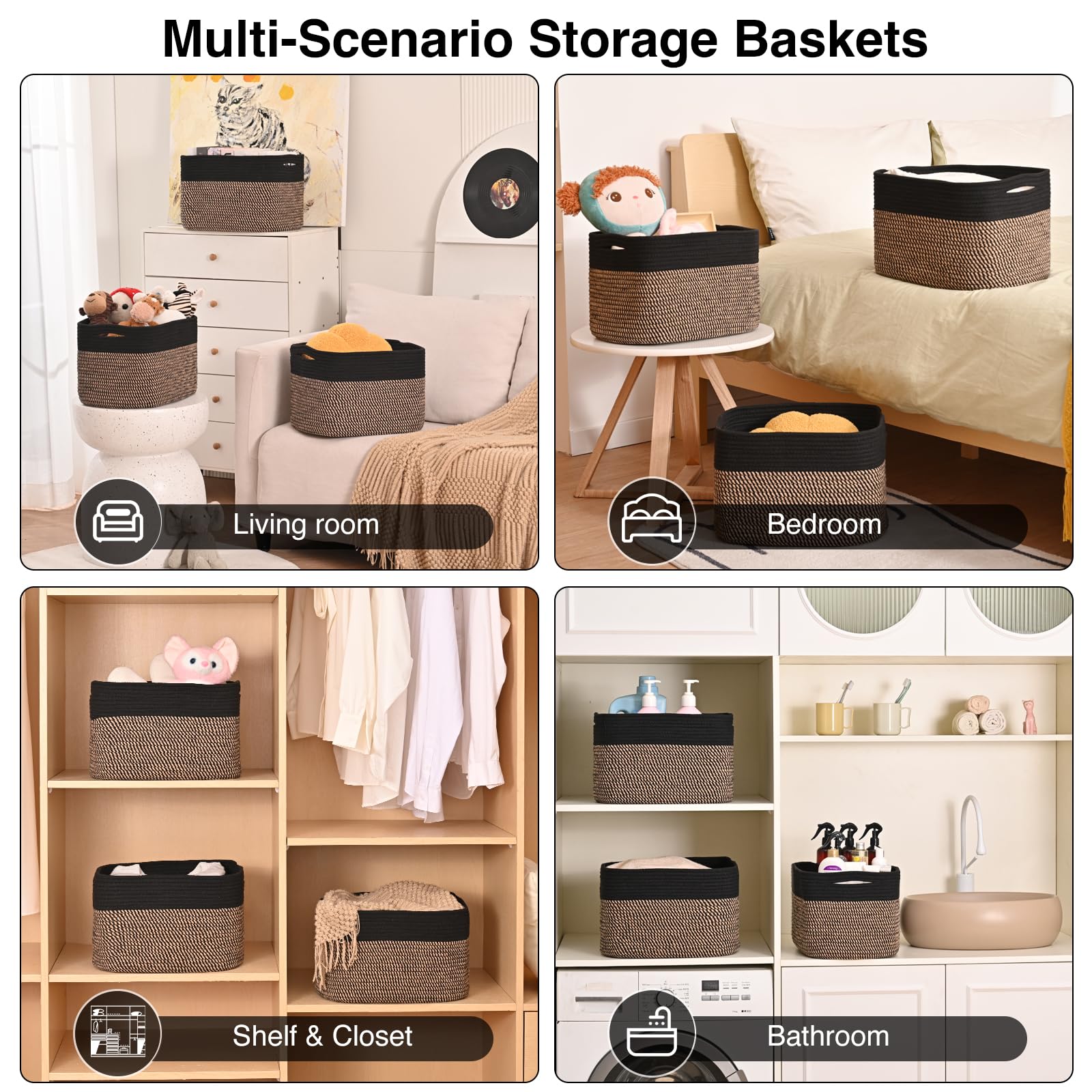 ICERZCZ Storage Baskets for Organizing Shelves, Toy Basket for Kid's Room, Woven Cotton Rope Basket for Decor, Organizing Baskets for Bedroom Living Room, 15"x11"x9.5", 3 Packs, Black & Jute