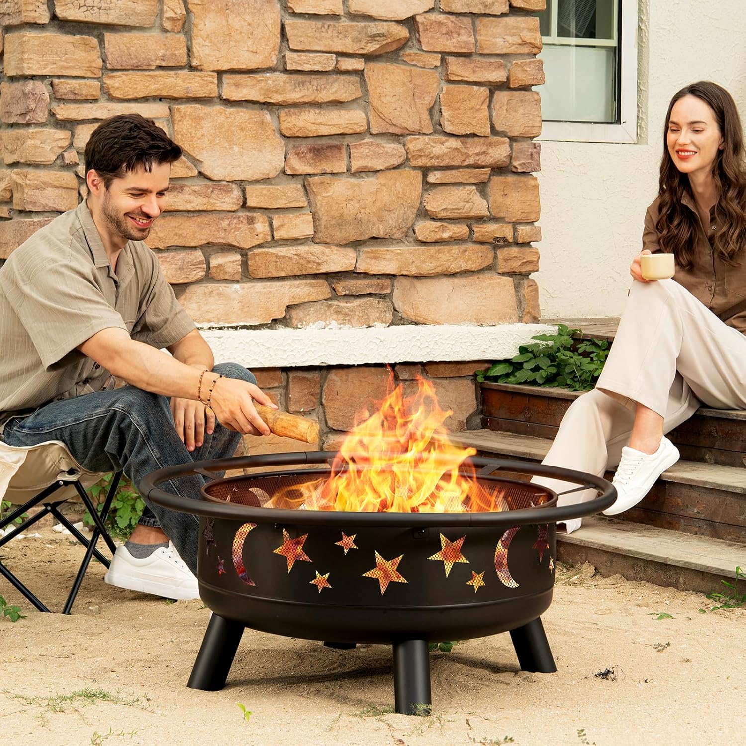 Skiennix 32-Inch Round Fire Pit - Metal Wood Burning Design with Mesh Cover & Poker | Perfect for Outdoor Gatherings