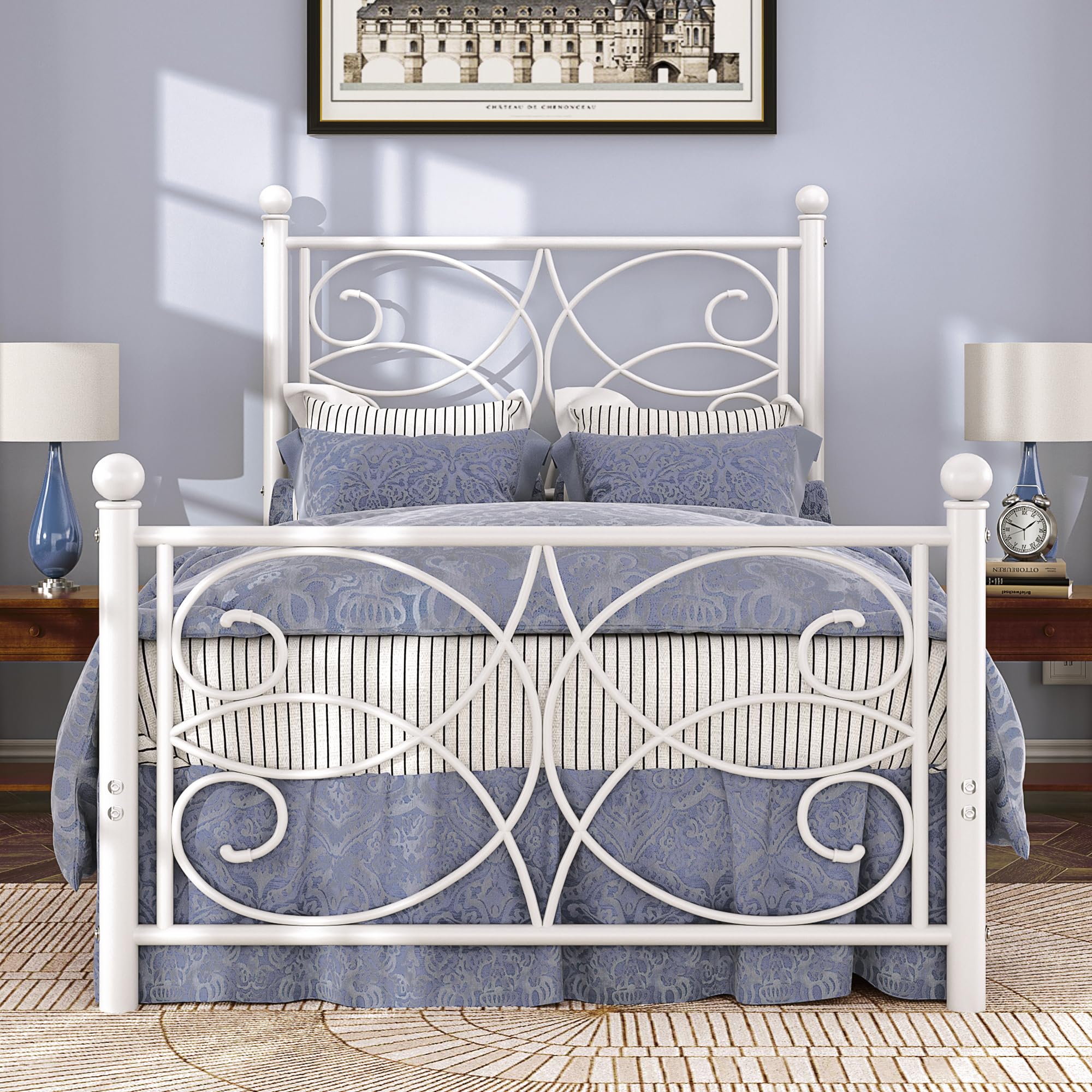 VECELO Full Size Metal Platform Bed Frame with Vintage Headboard and Footboard/Under-Bed Storage, No Box Spring Needed & Noise Free, White