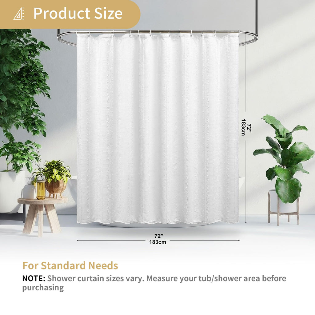 Lameirose White Shower Curtain Boho, Textured Shower Curtain Cotton Blend Waffle Weave Stripe Fabric Shower Curtains for Bathroom, Hotel, Washable, 72 x 72