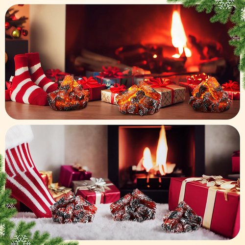 Glooglitter Flameless Fireplace Lights - 3D Realistic Log Flame Simulation | 3 Pcs Charcoal Decor