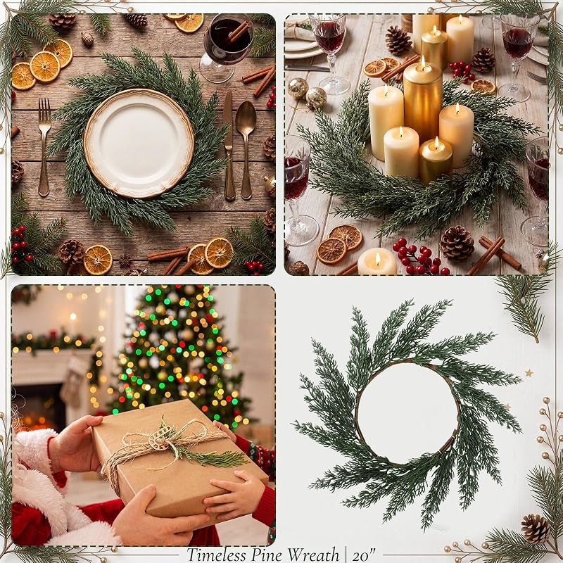 Christmas Placemat Set of 6 Artificial Pine Needle Wreath Round Mats – 26cm Center 40cm Edge, 6+ Soft Pine Needles