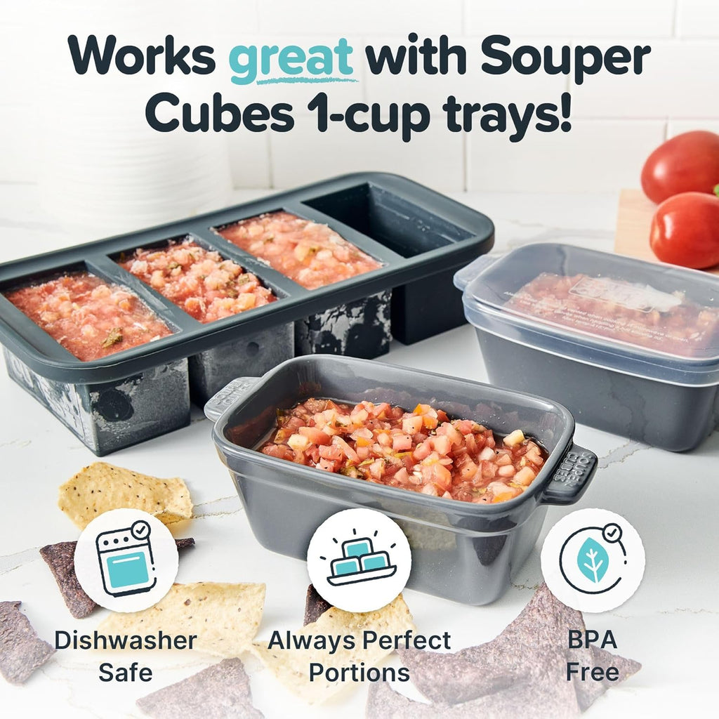 Souper Cubes Stoneware - Small 5" x 3" Ceramic Baking Dish Set with Silicone Covers | Ideal for Reheating Single Servings - Charcoal