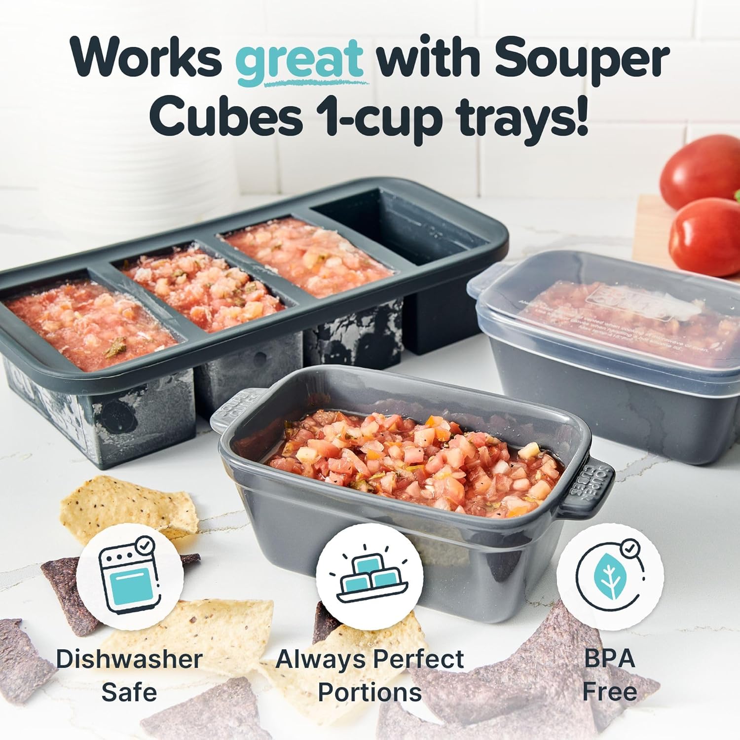 Souper Cubes Stoneware - Small 5" x 3" Ceramic Baking Dish Set with Silicone Covers | Ideal for Reheating Single Servings - Charcoal