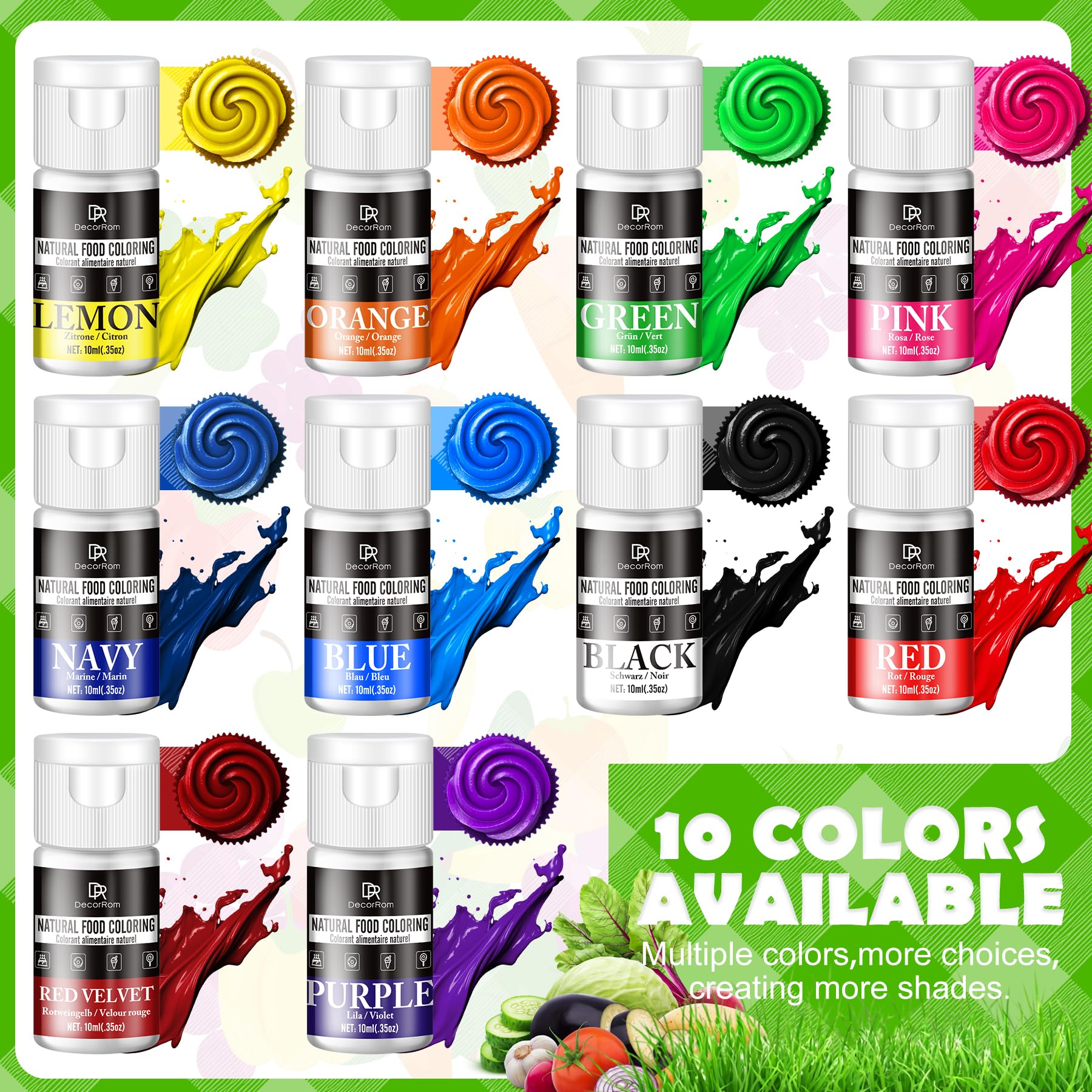 Natural Food Coloring, 10 Colors Bright Liquid Dye Free Food Coloring, Plant Based Food Colorings for Baking, DIY Cake Making, Cookie Decorating, Donut, Cream, Fondant, Candy & Baking Adult Hobby