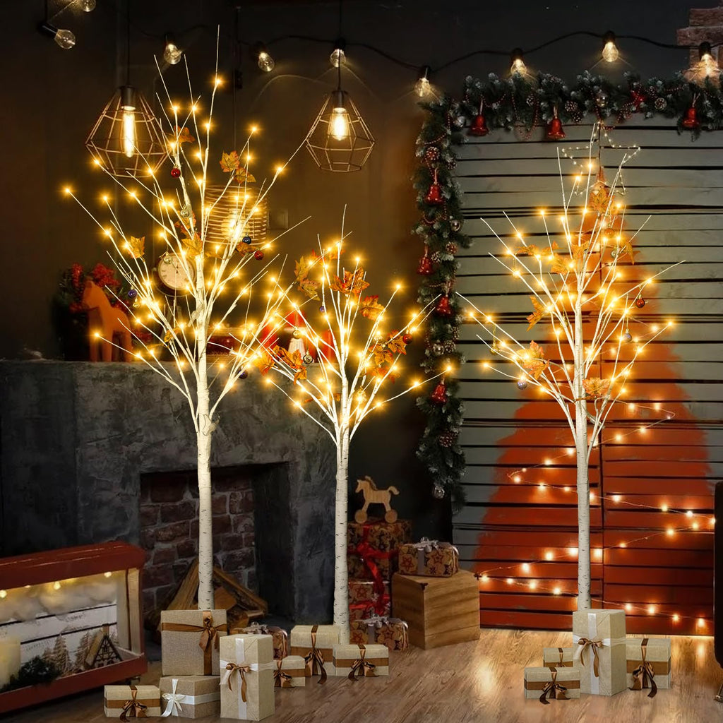 AWQM Lighted Birch Tree for Christmas Decor, Pack of 3 Prelit Christmas Tree 4ft 5ft 6ft, Warm White Christmas Tree for Indoor Christmas Decorations. (White)