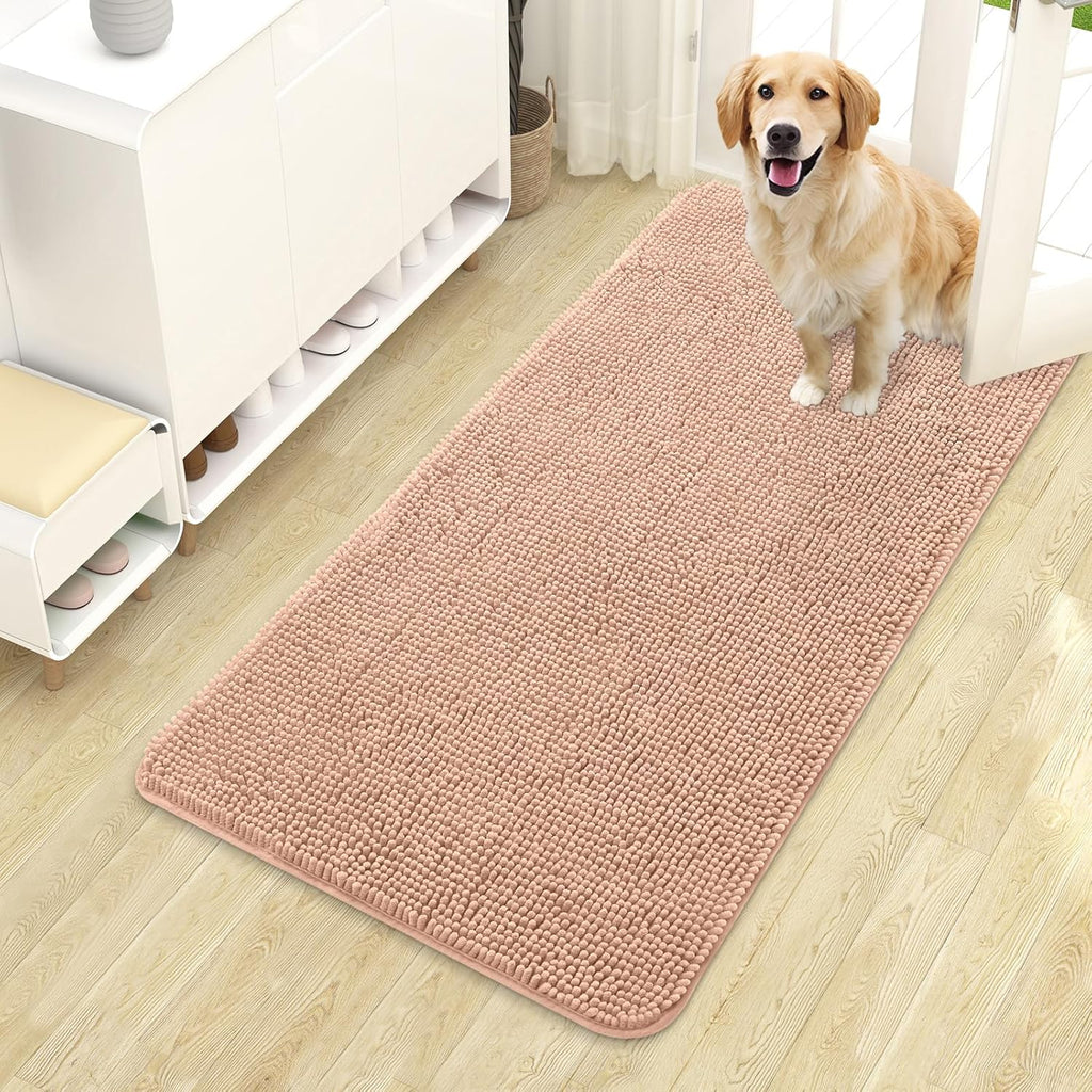 OLANLY Dog Door Mat - Absorbent Non-Slip Washable Chenille Mat for Muddy Paws | 44x24, Peach
