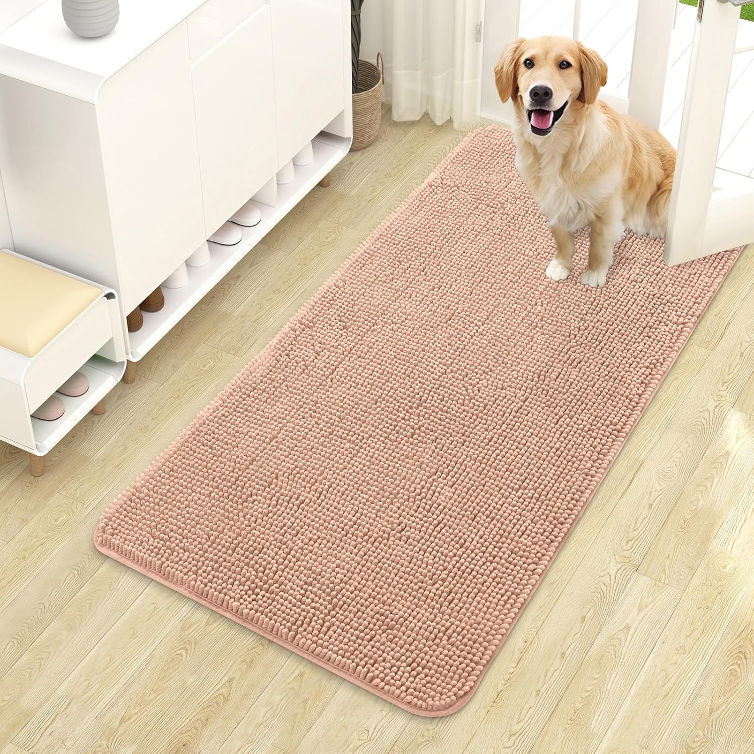 OLANLY Dog Door Mat - Absorbent Non-Slip Washable Chenille Mat for Muddy Paws | 44x24, Peach