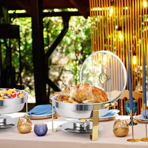 GarveeHome Chafing Dish Buffet Set 2 Pack 5 QT, Stainless Steel Round Chafing Dishes for Buffet With Lid Holder & Glass Lid, Buffet Servers and Warmers for Parties, Wedding, Camping, Dinner, Gold
