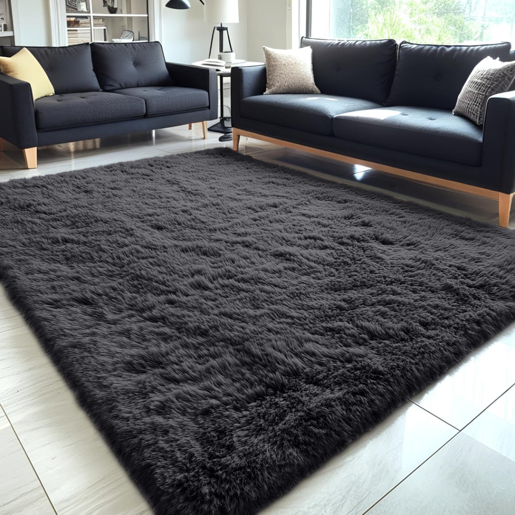 OLANLY Large Area Rug - Soft Fluffy Shaggy Carpet for Living Room & Bedroom | 5x8 ft, Black
