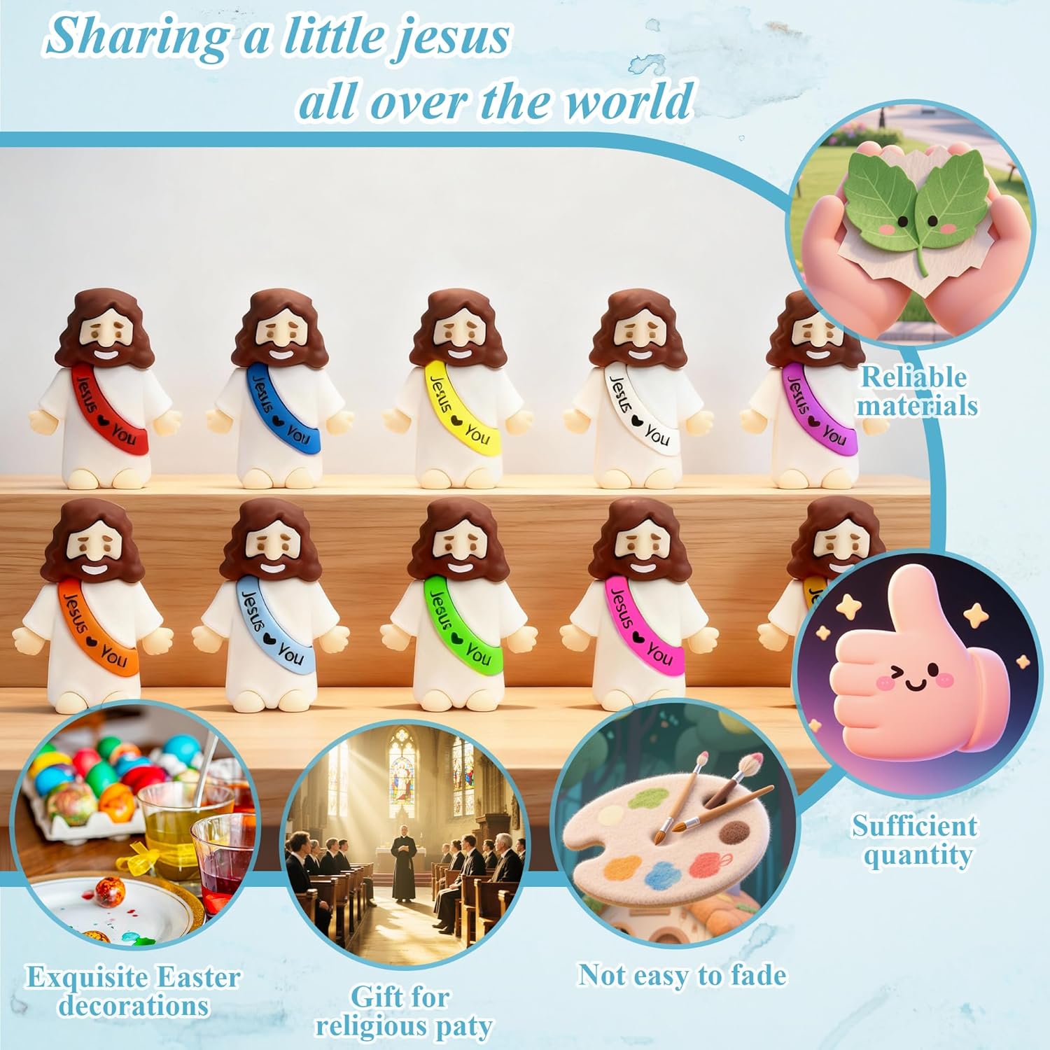 Skiennix 50 Pcs Mini Jesus Figures - Colorful Rubber Easter Toys for Religious Gifts & Party Favors