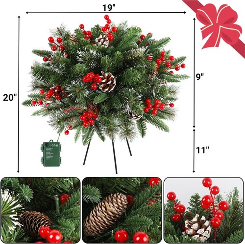 Juegoal Pre-Lit Christmas Tree Urn Filler - Lighted Artificial Pine Trees with 8 Modes & Timer, Battery Powered