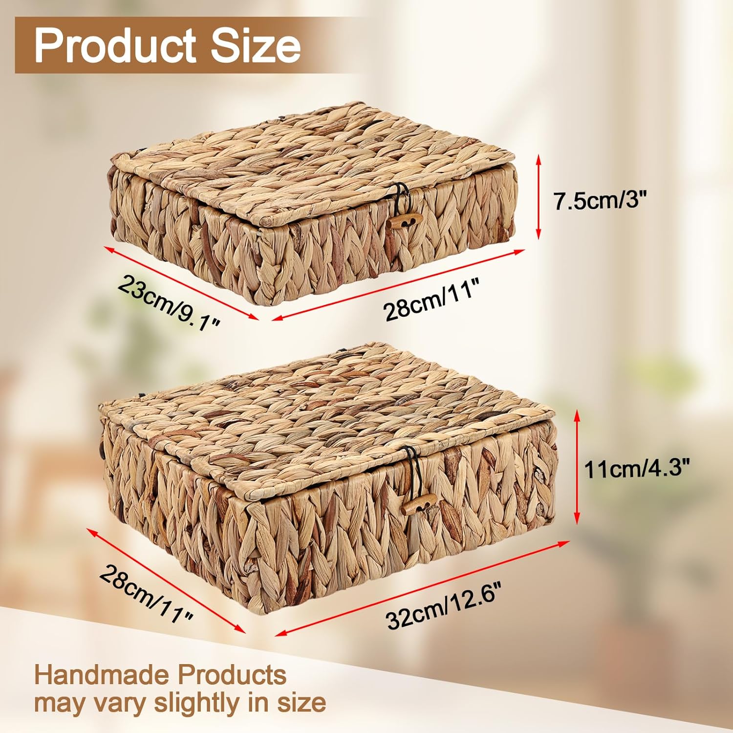 Natural Water Hyacinth Baskets by [Brand Name] - Set of 2 Handwoven Storage Bins with Lids for Home Organization