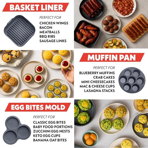 Gourmia Air Fryer Accessories Set - 3-Piece Silicone Liner & Egg Bite Cooker | BPA-Free, Nonstick, Heat Resistant