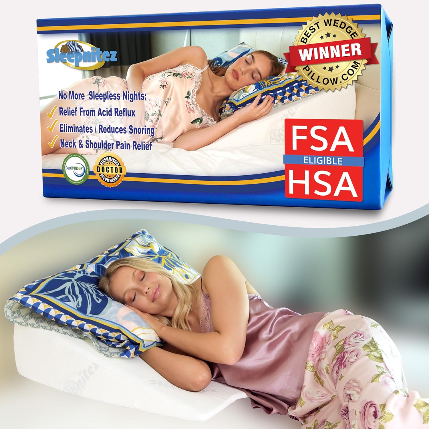 Sleepnitez Bed Wedge Pillow - Memory Foam Design for Acid Reflux, Snoring Relief & Comfort | 8" Size with 3.25" Top Layer