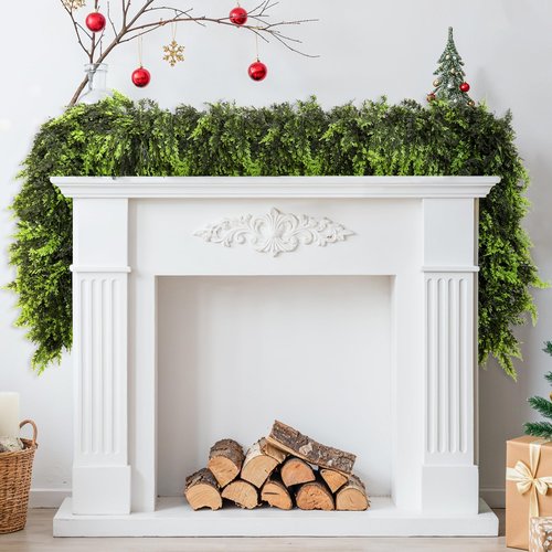 2 Pcs Artificial Cedar Garlands, 6 FT Real Touch Winter Cedar Garland, Green Artificial Greenery Pine Garland for Table, Mantle, Wall, Indoor, Outdoor Christmas Decorations