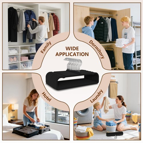 50 Pack Black Velvet Hangers Non Slip, Felt Pants Hangers Thin Space Saving Clothes Hanger Flocked Strong Durable Ganchos para Colgar Ropa with 360°Swivel Hook for Pants Jeans Shorts Skirts Tank Top
