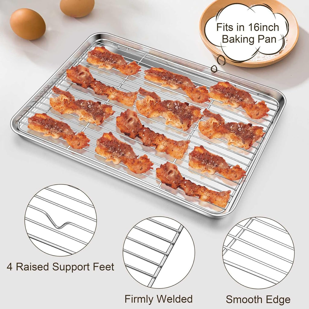 TeamFar Stainless Steel Baking Sheet Set - 16-Inch Cookie Sheets with Cooling Rack & Silicone Mats | Non-Toxic, Easy Clean