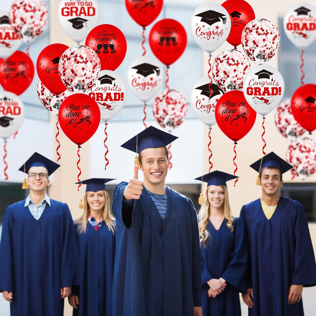 Whaline Graduation Party Balloons Set - 60 Pcs with Confetti & Grad Cap Designs | Red & White