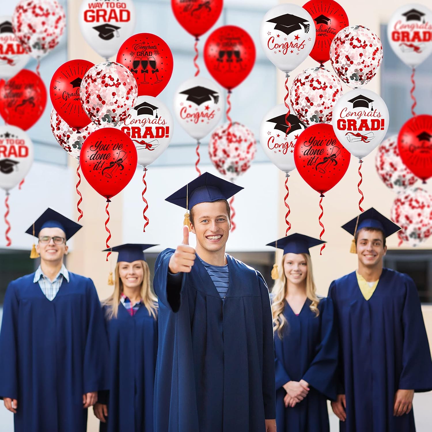 Whaline Graduation Party Balloons Set - 60 Pcs with Confetti & Grad Cap Designs | Red & White