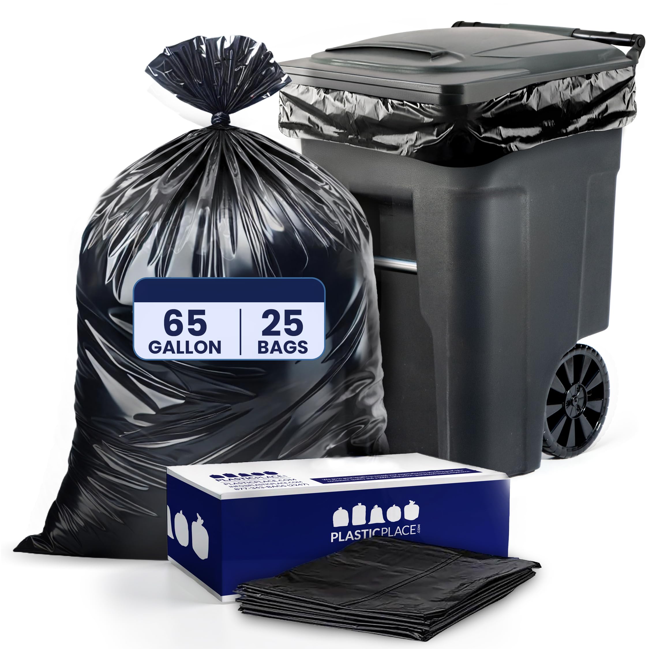 Plasticplace 65 Gallon Trash Bags │ 2.7 Mil │ Black Heavy Duty Garbage Can Liners │ 50” x 48” (25 Count) (W65LDB225A)