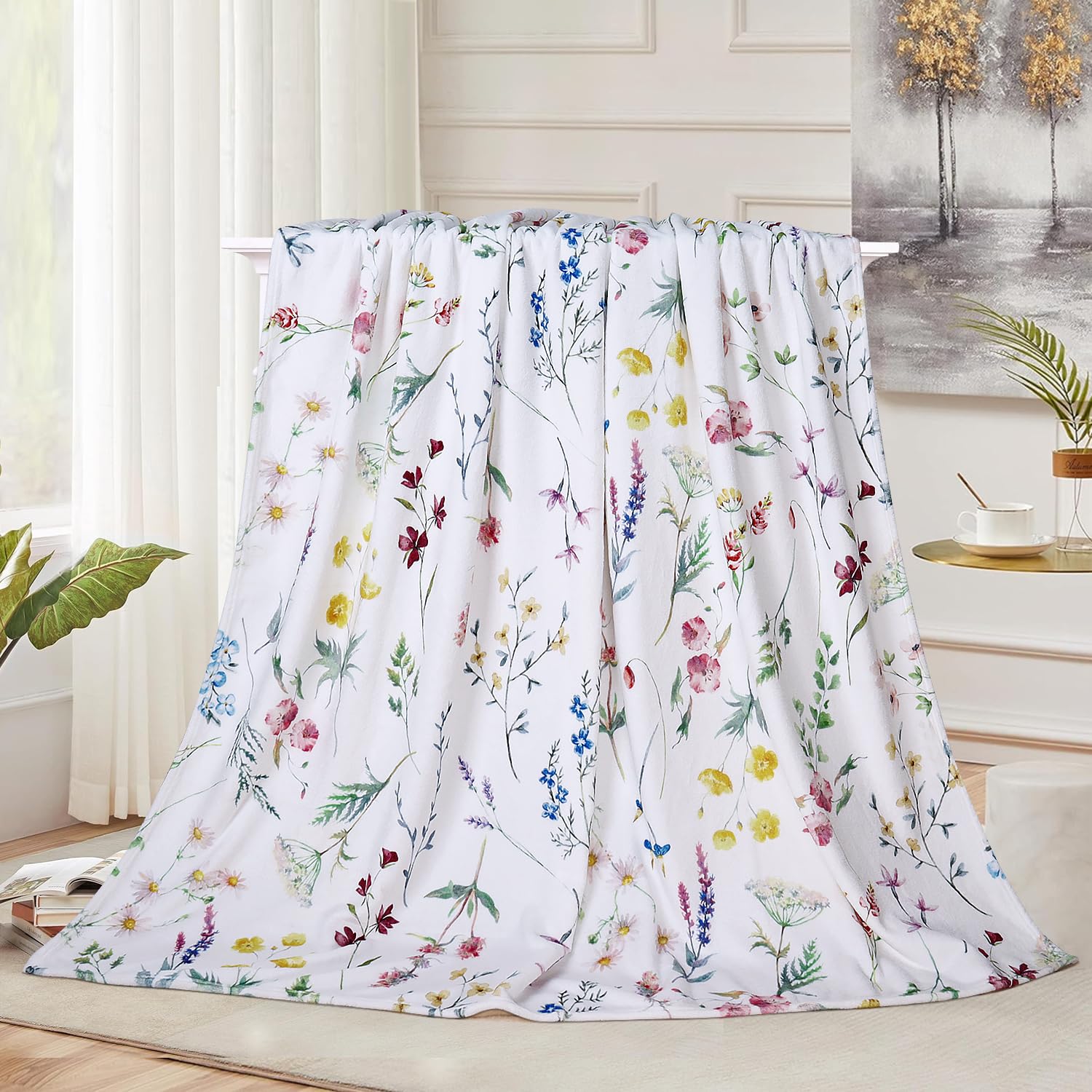Floral Throw Blanket Wildflowers Throw Blankets Plant Floral Fleece Blankets Soft Warm Cozy Blanket Plush Throws Blankets Flower Decorative Blanket for Home Sofa Bedding 50" x 60"