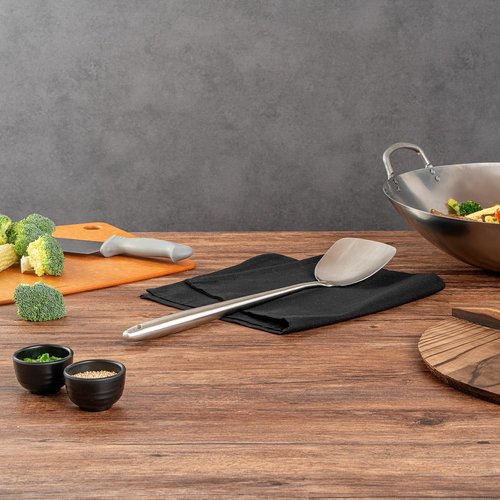 Motomori 17 Inch Wok Spatulas, 10 Wide Cooking Turners - Hanging Hole, Extra Long Handle, 304 Stainless Steel Chinese Cooking Spatulas, Dishwashable, For Stirring, Flipping, Frying - Restaurantware