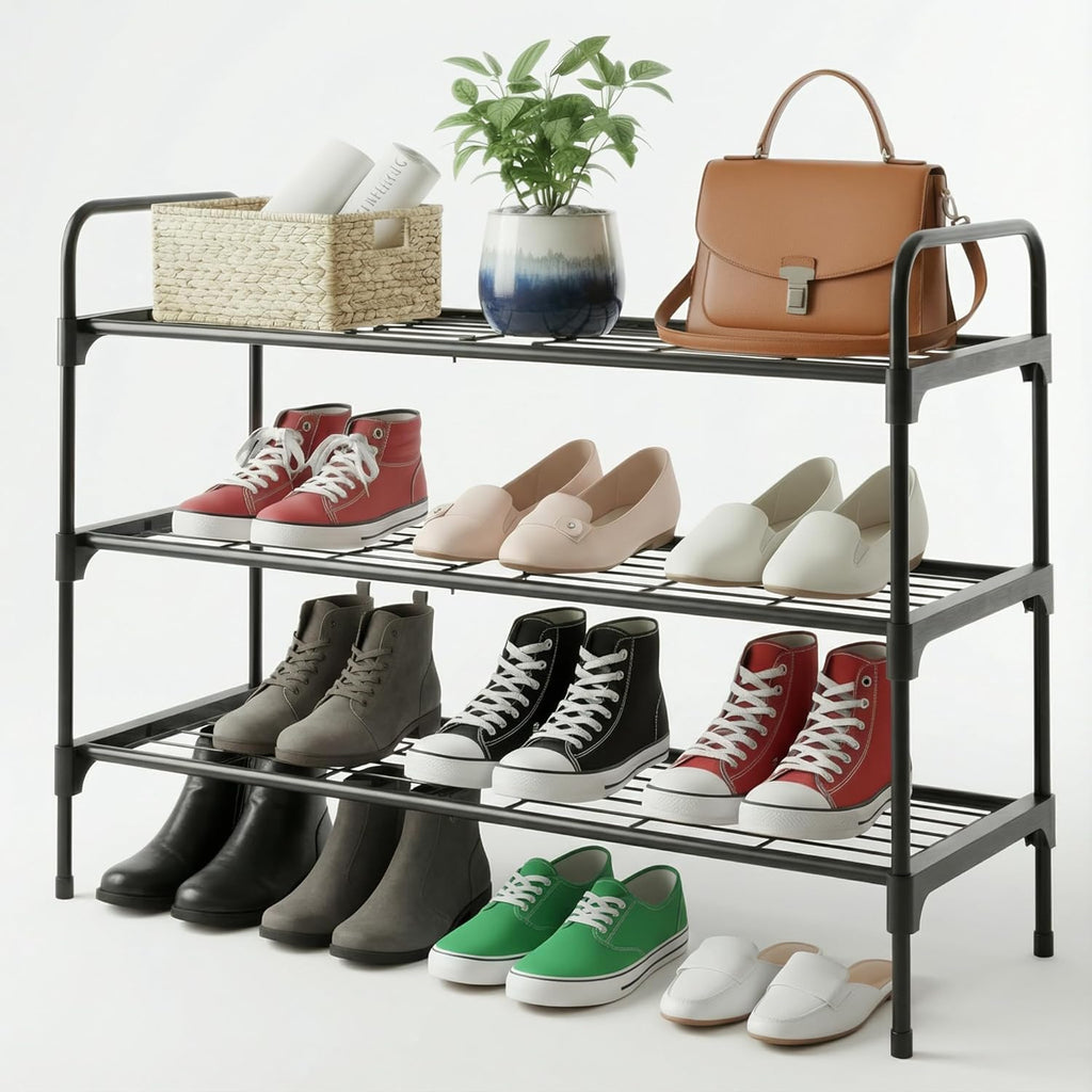 3-Tler Shoe Rack Organizer - Rustproof Iron Shoe Storage Shelf for Closet & Entryway | Fits Sneakers & Slippers, Black