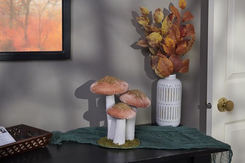 Primitives by Kathy Mushroom Trio Sitter, pink foam mushrooms uniquely detailed/velvet glitter accents/natural foliage detail base/nature themed home accent for seasonal/everyday/garden decor/gfitable