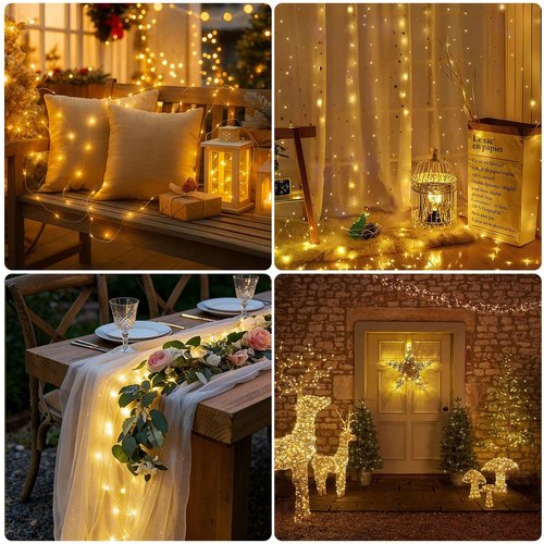 Bsgifts Rechargeable Fairy Lights Battery Operated, 33ft 100 LEDs String Lights with Remote, Waterproof, Mini Twinkle Lights for Bedroom, Christmas, Wedding, Indooor Outdoor Decor, Warm White