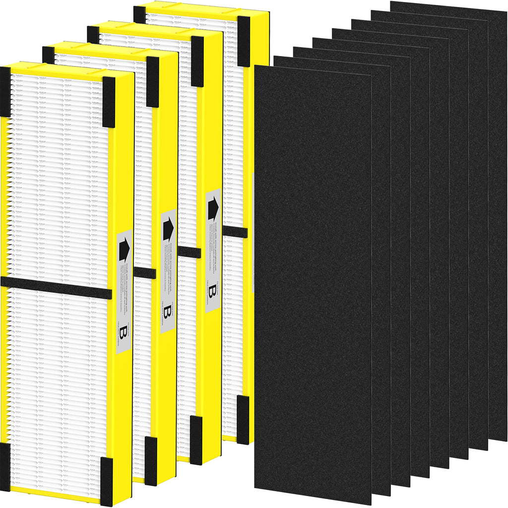 PETOX 4 Pack FLT4825 Filter B Replacement Compatible with G-Guardian Air Purifier AC4825 AC4825E AC4825W AC4850 AC4300 AC4800 AC4900, 4 Filters & 8 Carbon Pre-Filters, Yellow