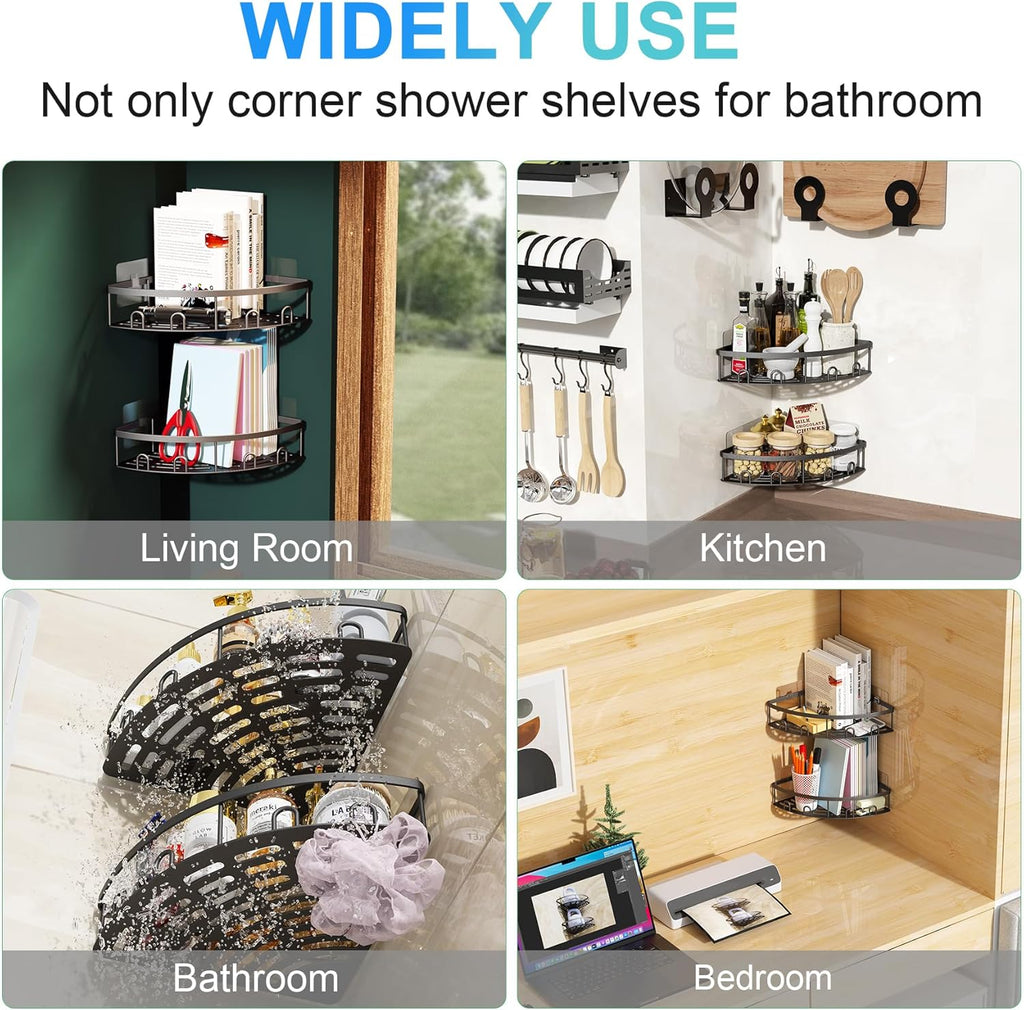 Skiennix Corner Shower Caddy - 2 Pack Adhesive Organizer Shelf | Rustproof Wall-Mounted Storage Rack (Black)