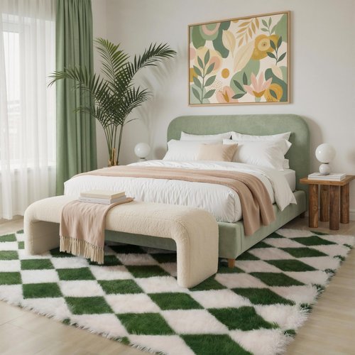 GENIMO Checkered Rug 5x7 Area Rugs for Kids Bedroom Soft Shag Rug Fluffy Fuzzy Carpet Plush Rugs for Living Room Nursery Playroom Dorm Modern Home Decor Aesthetic, Green and White