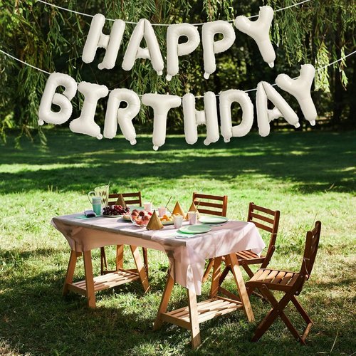 Happy Birthday Balloon Banner by Cream - Neutral Beige Foil Balloons | 16 Inch Ivory White Bunting for Party Decor