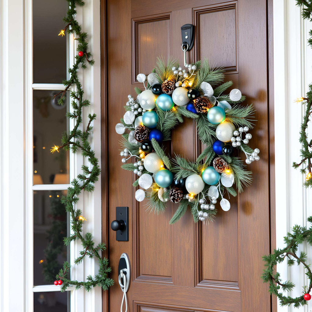 YULETIME 20-inch Christmas Wreath, Battery Operated Holiday Wreath with 20 Fairy Lights, Blue Baubles, Silvery Berries, Pine Cones, Silvery Leaves, Frosted Spruce Branches and Pine Needles (Blue)