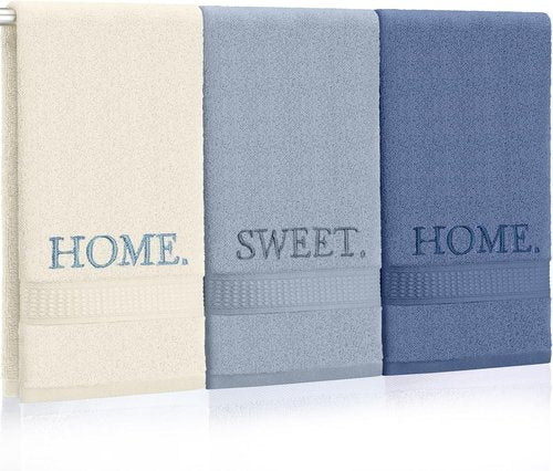 FuWeave Decorative Hand Towels Set - Rustic Embroidered Cotton for Kitchen & Bathroom | Blue Home Sweet Home