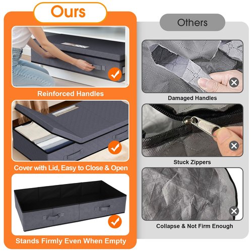 StoreHappily Under Bed Storage Containers with Lids - 2 Pack, Foldable and Stackable Clothes Storage Bags with Clear Window, 3-Sided Handles and Label Slot for Clothing, Blankets, Pillows (Grey)