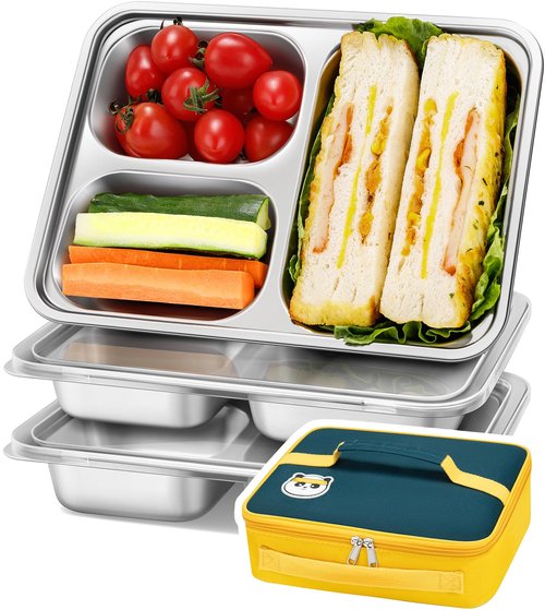 KTKUDY 3 Pack Stainless Steel Snack & Lunch Containers with Plastic Lids - Meal Prep Containers 3 Compartments - Metal Bento Lunch Boxes for Kids & Adults - Not 100% Leakproof - Toddler & Kids Plates