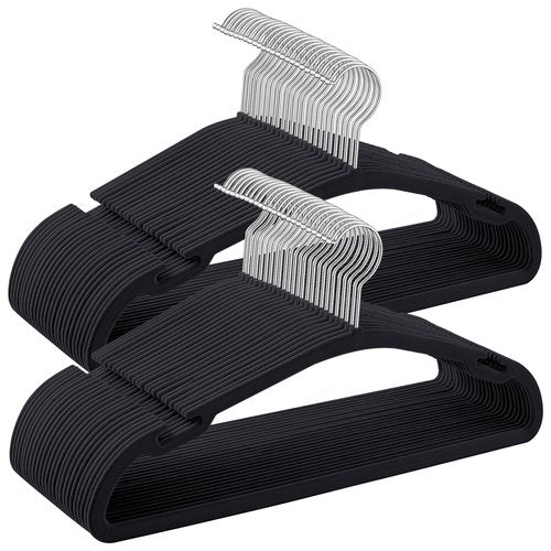 SONGMICS Velvet Hangers 50 Pack, Non-Slip Clothes Hangers, 17 x 8.3 Inches, Coat Hangers with Wide Shoulder Notches, Pants Bar, 360° Swivel Hook, Space-Saving, for Closet, Ink Black UCRF039B03