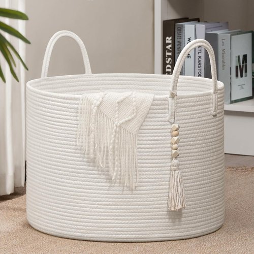 Goodpick Large Laundry Basket - Decorative White Rope Hamper for Blankets & Baby Storage | 17.7 x 12.6 Inches