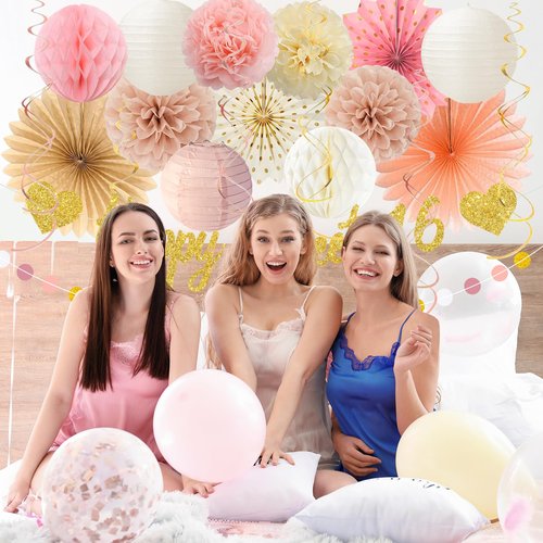 Vlipoeasn Blush Pink Sweet 16 Birthday Decorations for Girls, Retro Beige 16th Birthday Party Decor with Paper Pom Pom, Fan, Lantern, Happy 16 Year Old Party Supplies