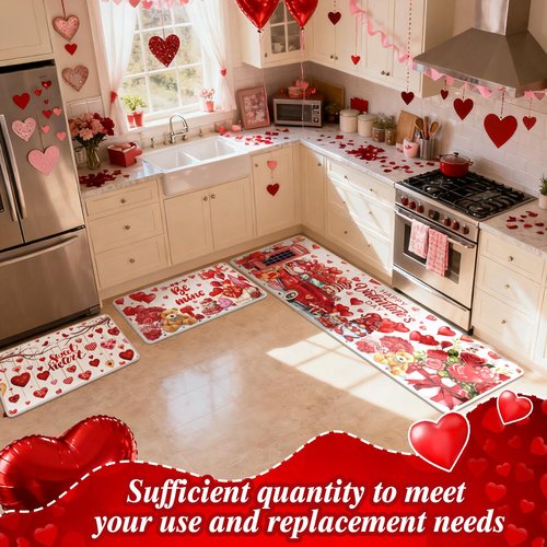 Drydiet 3 Pcs Valentine's Day Kitchen Rugs and Mats Set Love Heart Red Non Slip Rug Gnome Roses Waterproof Floor Mat for Romantic Valentines Kitchen Entrance Bar Office Home Bathroom Door Party Decor